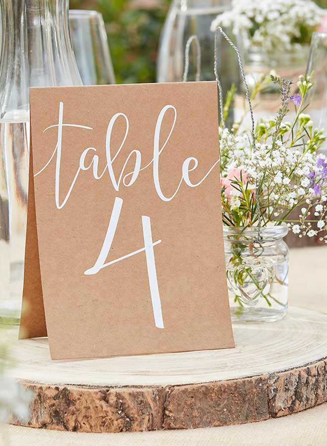 KRAFT TABLE NUMBER CARDS 1-12 Wedding Table Decor Freestanding Rustic Country 