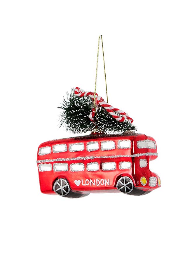 Julgranskula Londonbuss med gran på taket