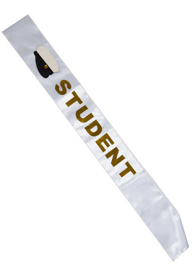 Fint orderband till Studenten i vitt med guldtext. Fira din student med roliga detaljer.