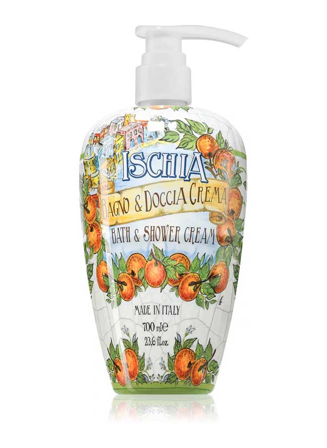 Väldoftande Bath & Shower Gel Ischia från Rudy La Maioliche med frisk doft av apelsin och citrus. För dusch och bad. Vacker flaska, 700 ml.