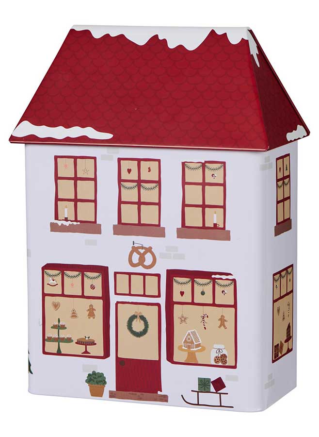 Dekorativ kakburk i metall formad som ett julbageri, 25 cm hög. Fyll med pepparkakor, kakor och julgodis och låt den stå framme som juldekoration.