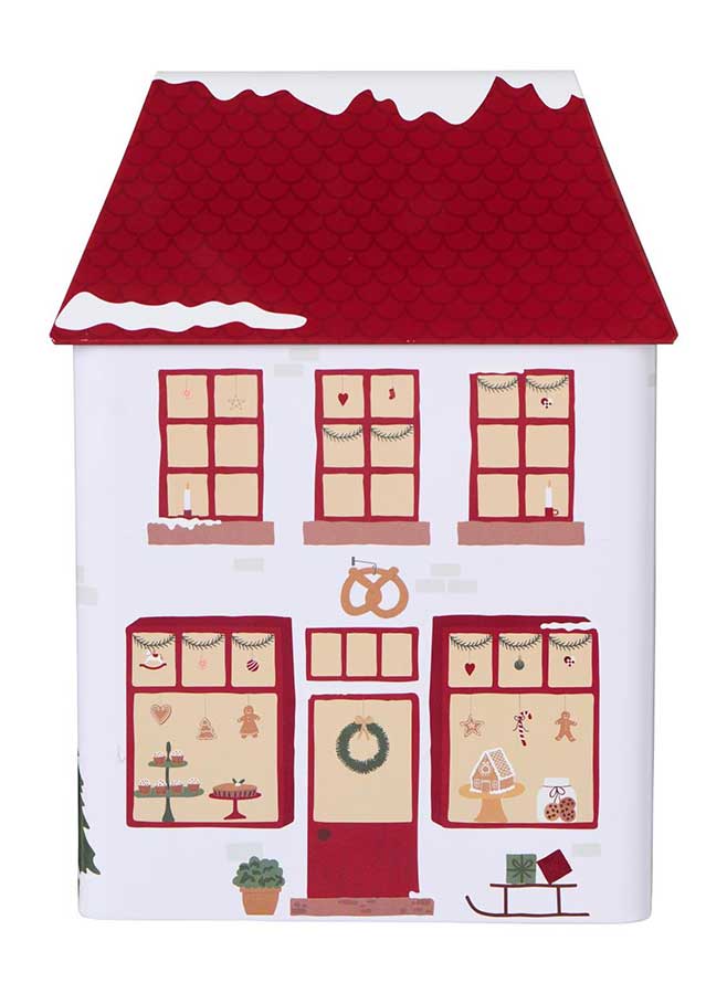 Dekorativ kakburk i metall formad som ett julbageri, 25 cm hög. Fyll med pepparkakor, kakor och julgodis och låt den stå framme som juldekoration.